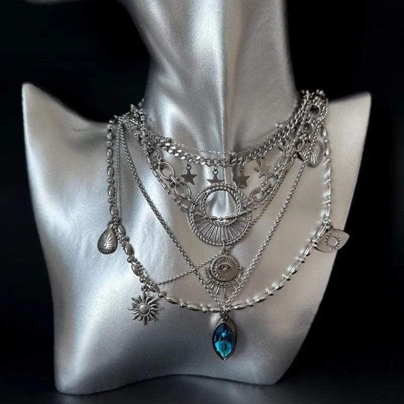 Vintage punk style, lapis lazuli, stars, eye of God, heart pendant silver layered necklace, exotic elegance, niche personality, perfect unique gift.
