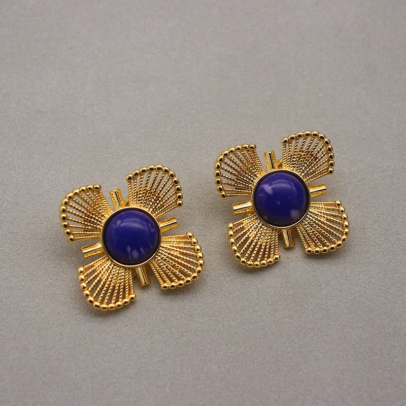 Elegant Gold-Toned Floral Clip-On Earrings with Central Blue Stone - Versatile Fashion Accessory for Day to Night Wear, Perfect Gift for Her, Ideal for Casual and Formal Occasions