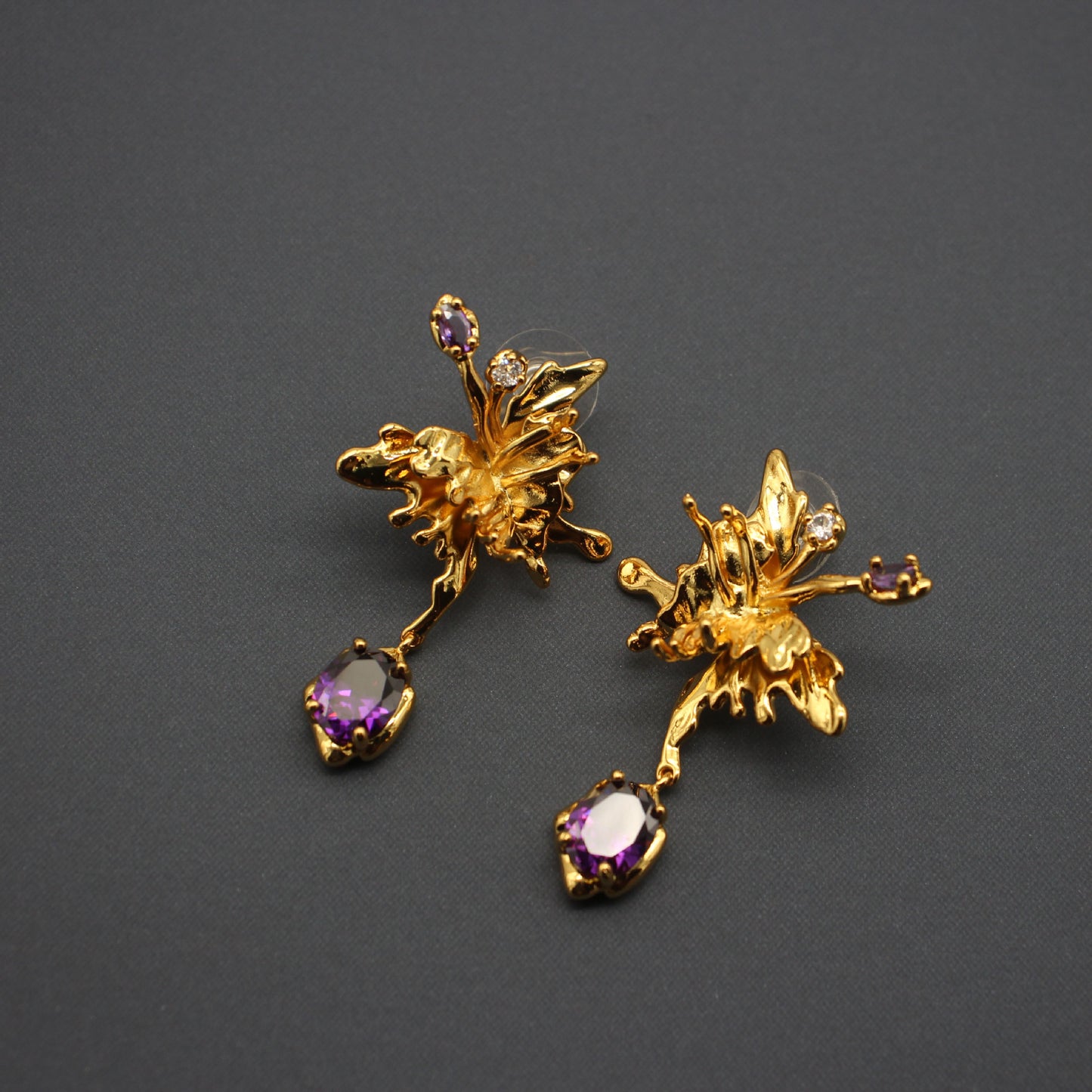 Elegant Butterfly-Inspired Purple Cubic Zirconia Stud Earrings, Gold-Tone Finish, Versatile Fashion Accessory for Day-to-Night Glamour, Perfect for Gifting and Special Occasions