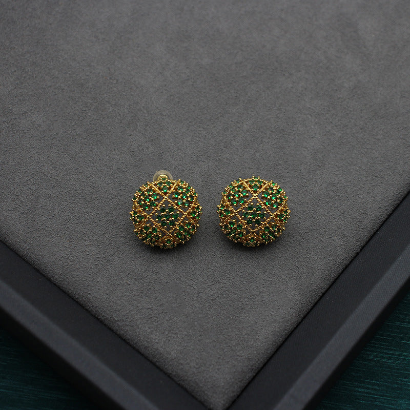 Luxurious Floral-Embellished Green Zirconia Stud Earrings, Gold-Plated Circular Design, Elegant Jewelry for Sophisticated Evenings and Celebratory Occasions