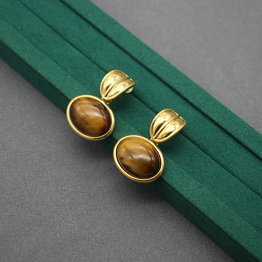 Elegant Tiger’s Eye Stone Necklace and Earrings Set, Versatile Gold-Tone Jewelry, Perfect for Bohemian Chic and Sophisticated Styles