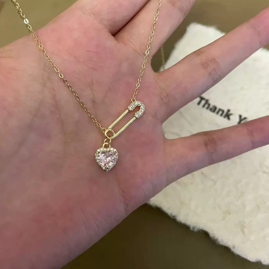 Delicate Luxury Clavicle Chain, Sparkling Rhinestone Heart Paperclip Necklace, Heart Necklace