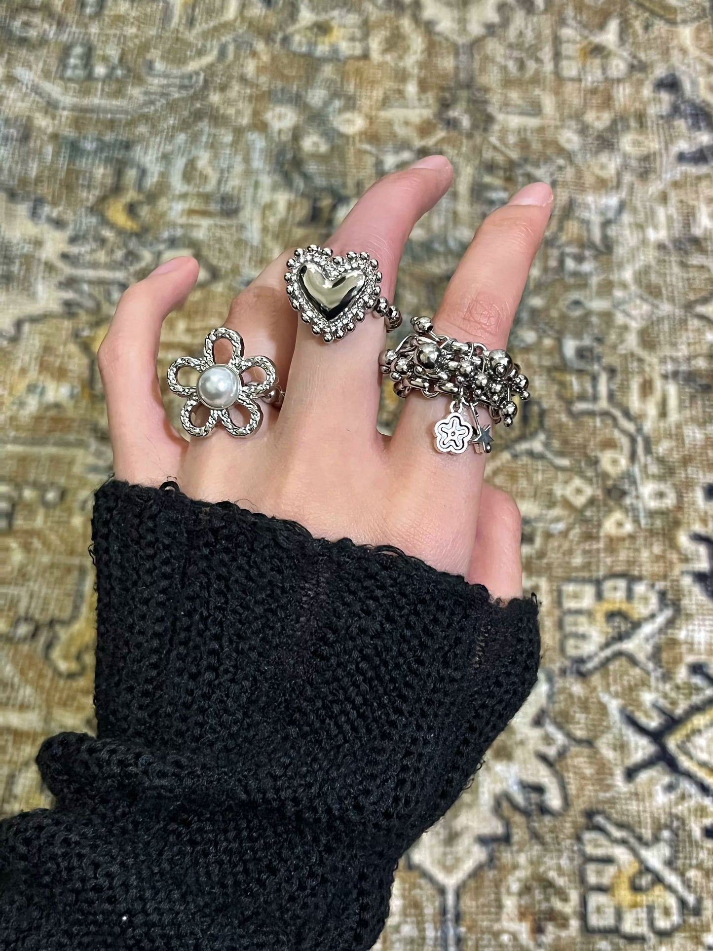 Handmade Rococo Freshwater Pearl Flower/Love/ Beaded Ring, Delicate Retro Silver Ring All Matched