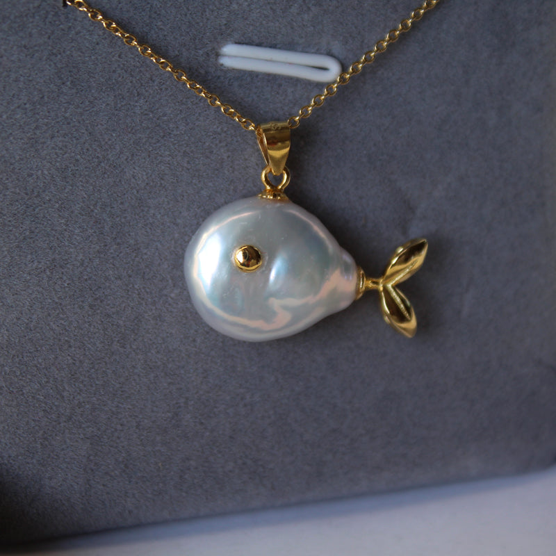 Natural Baroque Pearl with Aurora Borealis Button and Small Fish Pendant in S925 Sterling Silver Necklace