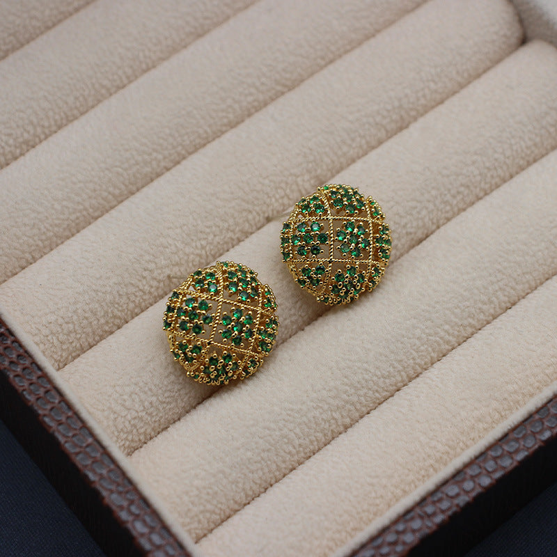 Luxurious Floral-Embellished Green Zirconia Stud Earrings, Gold-Plated Circular Design, Elegant Jewelry for Sophisticated Evenings and Celebratory Occasions