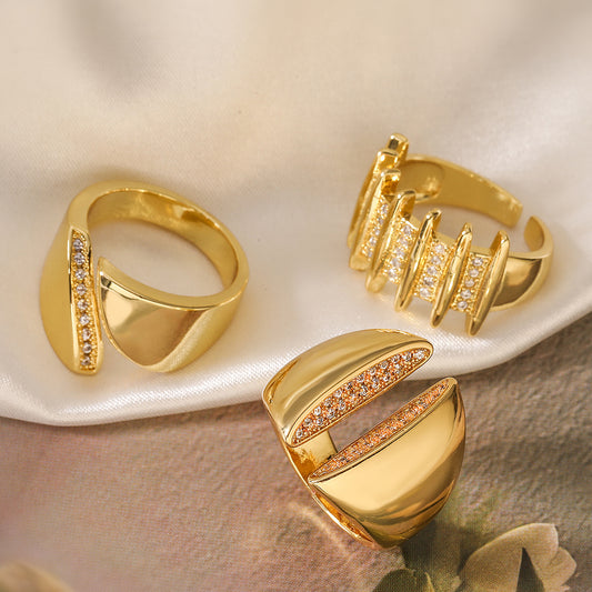 Elegant Geo 18K Gold-Plated Copper Ring with Zircon Detailing,Adjustable Statement Ring for Woman