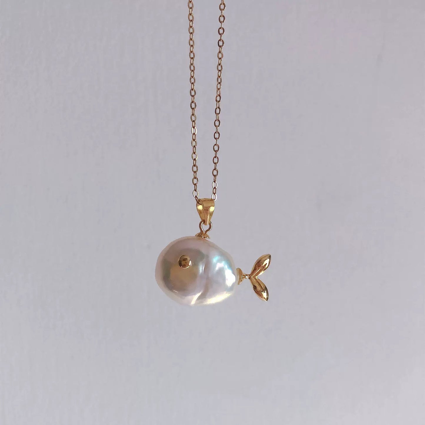 Natural Baroque Pearl with Aurora Borealis Button and Small Fish Pendant in S925 Sterling Silver Necklace