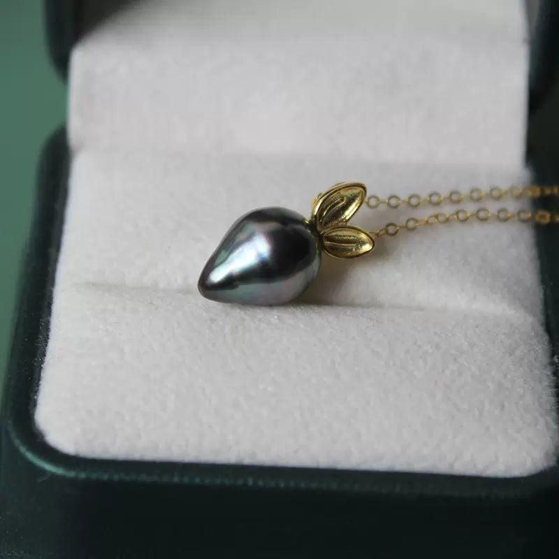 Natural Tahitian Baroque Pearl Radish Pendant Necklace with 14K Gold Plated Adjustable Chain