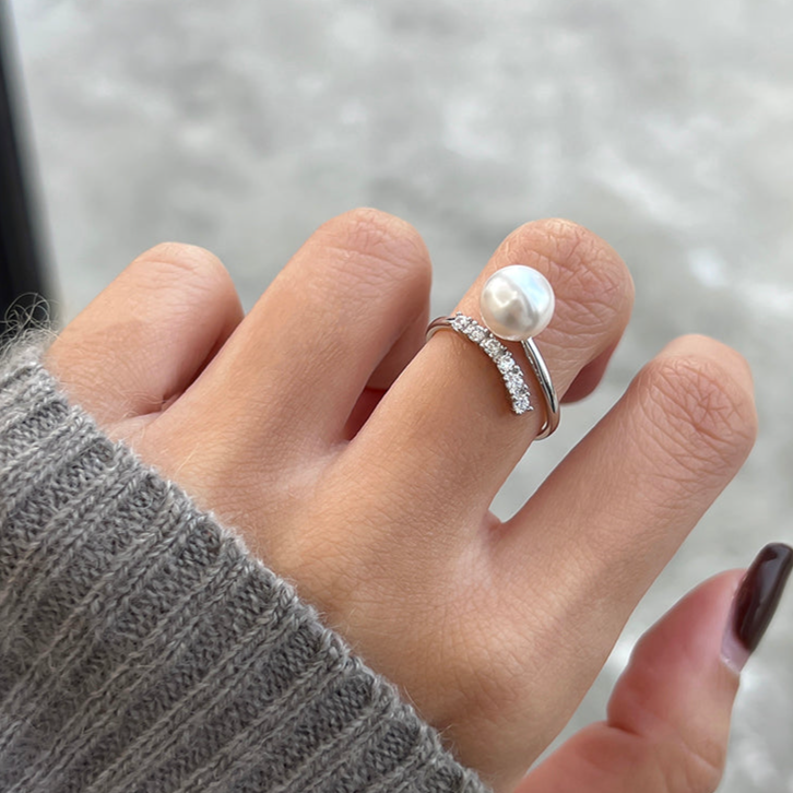 Sterling Silver Ring in S925, Set Austrian Swarovski Pearl Ring, Unique Chic Upscale Ring
