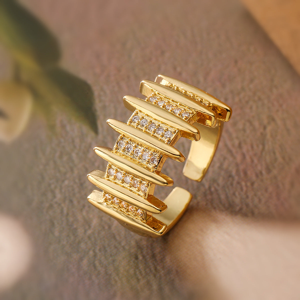 Elegant Geo 18K Gold-Plated Copper Ring with Zircon Detailing,Adjustable Statement Ring for Woman