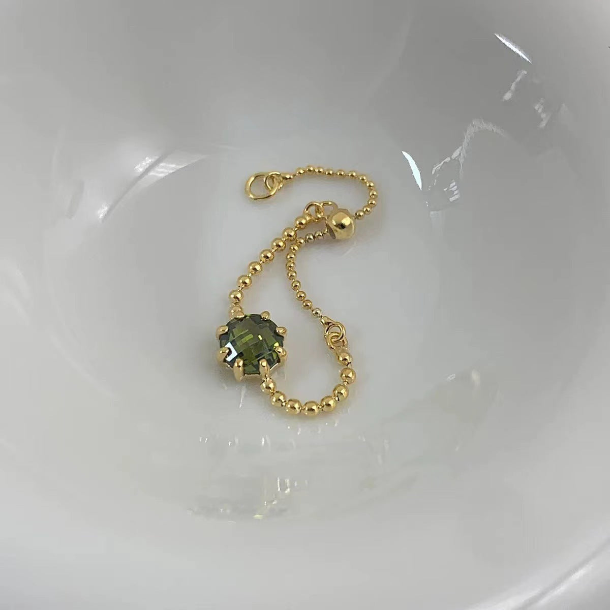 Chic Green Crystal Pull Chain Ring, Elegant Adjustable Index Finger Accessory