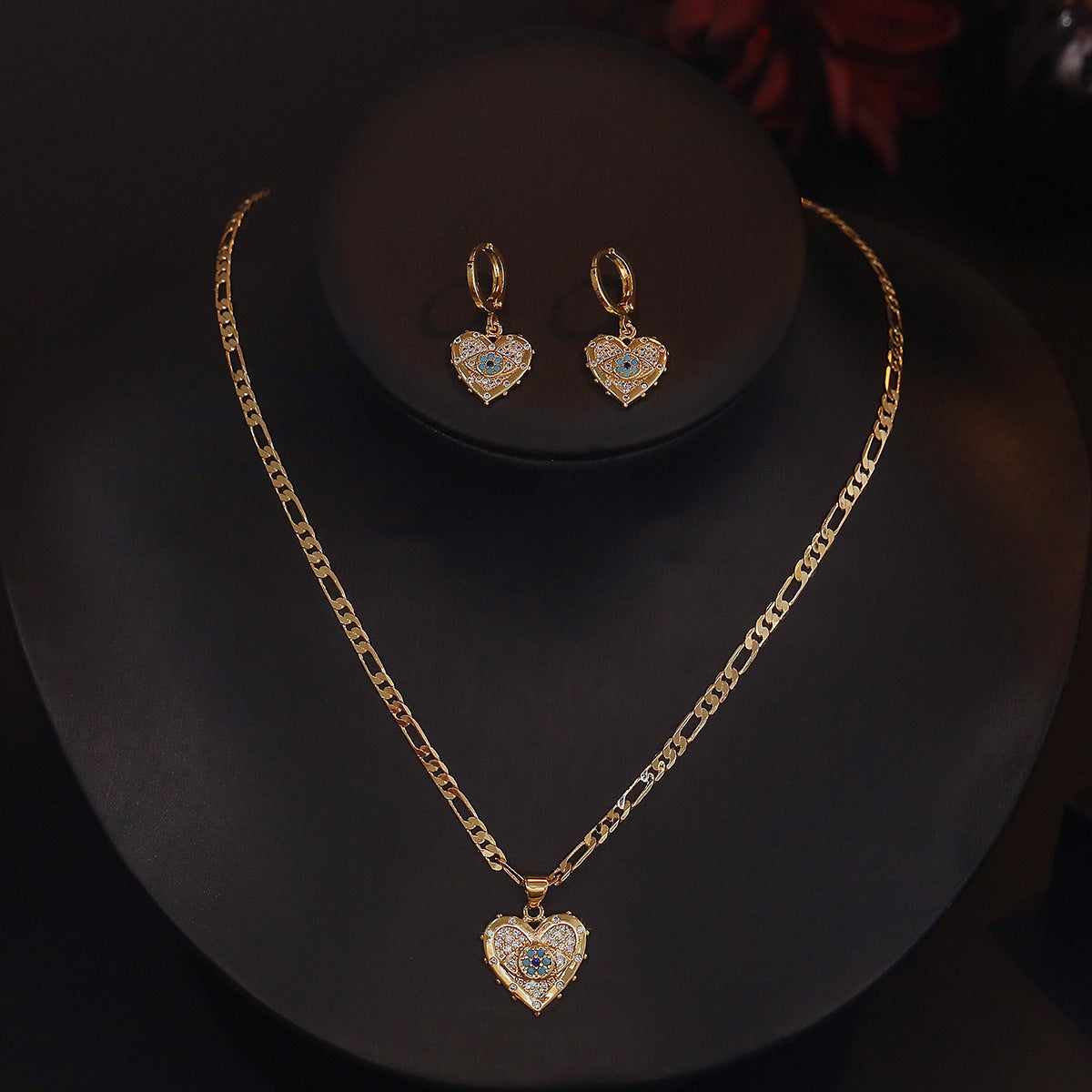 Heart Evil Eye Pendant Necklace and Earring Set ,GoldPlated with Zircon Accents