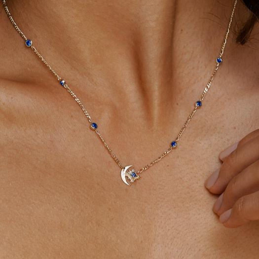Retro Star Moon Blue Sapphire Starburst Necklace, Copper Plated with Real Gold, Sweater chain