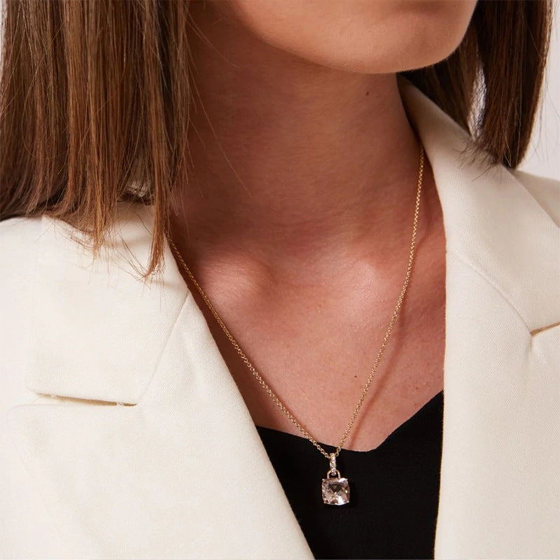 925 Sterling Silver CZ Rainbow Square Pendant Necklace - Dainty Clavicle Chain for Women, Minimalist and Elegant Jewelry