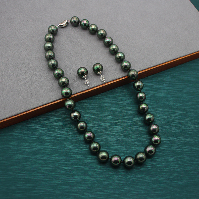 Classic Green 10MM Pearl Necklace and Earrings Set - Timeless Elegance for Special Occasions, Sophisticated Jewelry Gift for Her, Perfect for Evening Galas & Celebrations