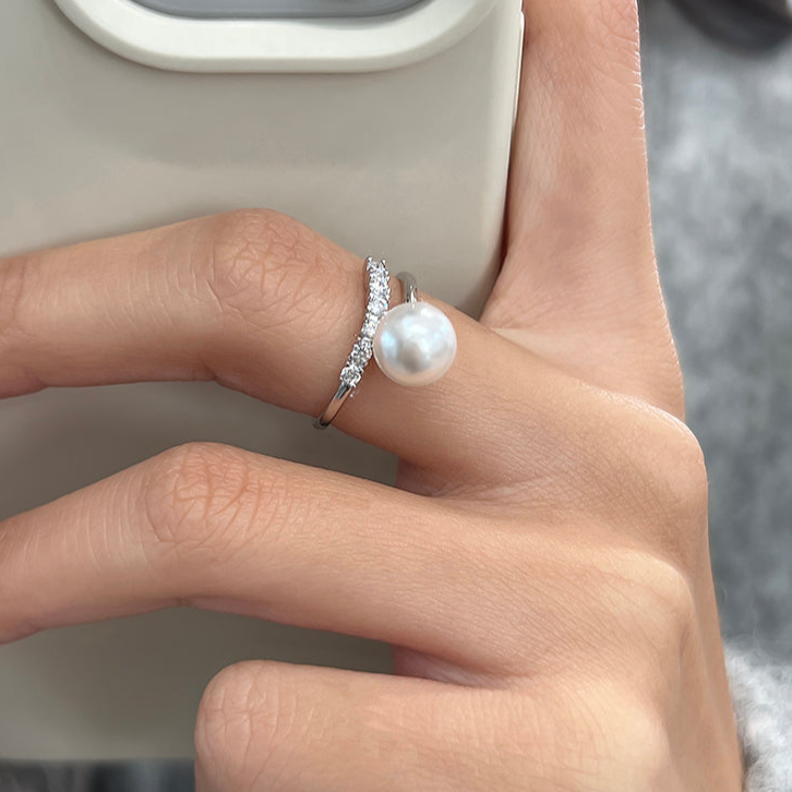 Sterling Silver Ring in S925, Set Austrian Swarovski Pearl Ring, Unique Chic Upscale Ring