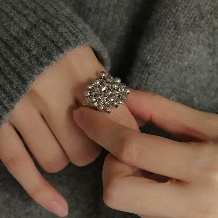 Heart Beaded Ring for Index Finger, S925 Sterling Silver Ring, Unique Personality Open Ring for Women