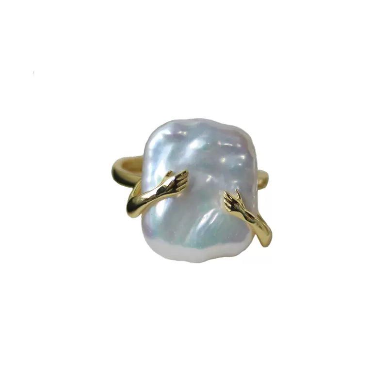 Natural Square Pearl Embrace Ring in S925 Sterling Silver, Adjustable Open Ring