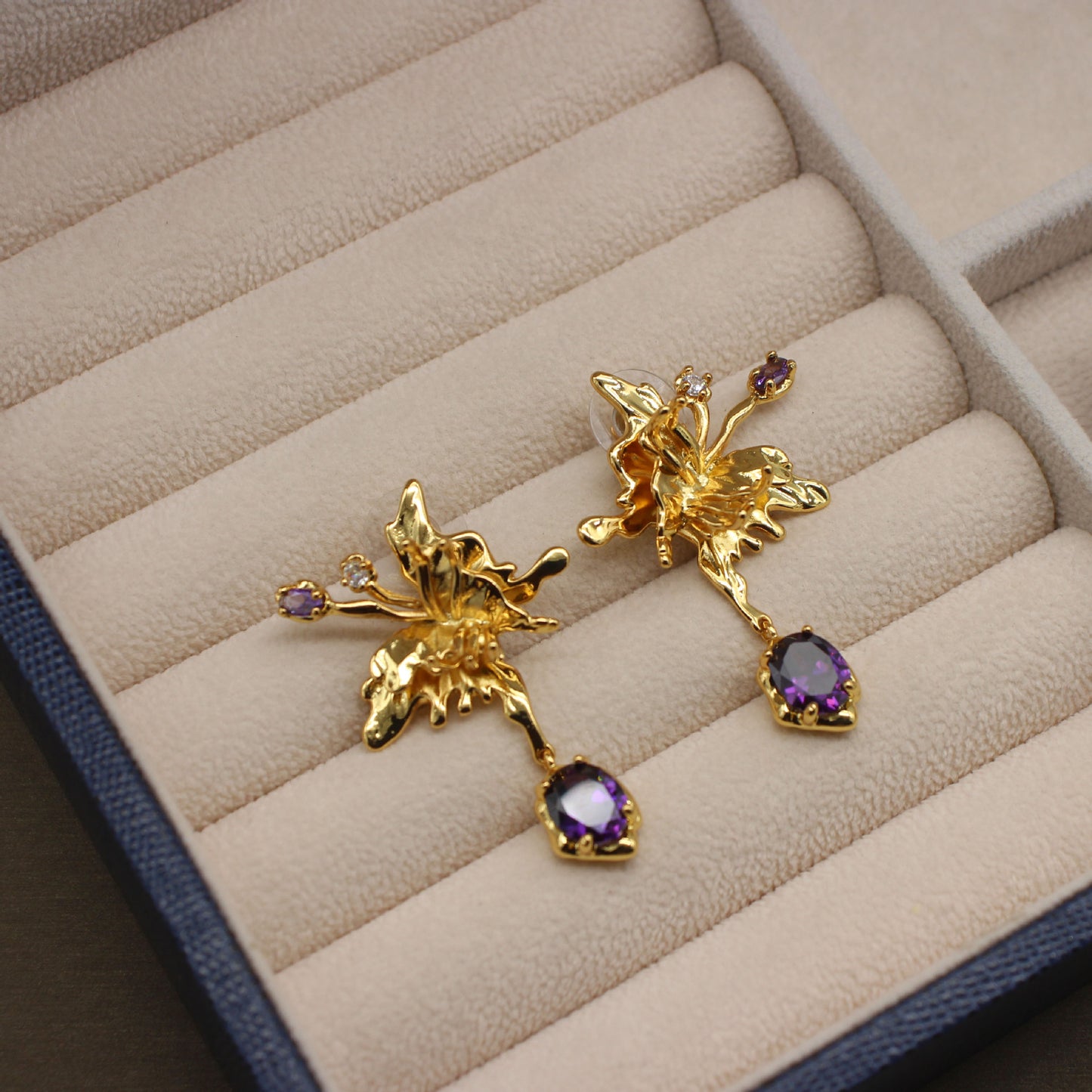 Elegant Butterfly-Inspired Purple Cubic Zirconia Stud Earrings, Gold-Tone Finish, Versatile Fashion Accessory for Day-to-Night Glamour, Perfect for Gifting and Special Occasions