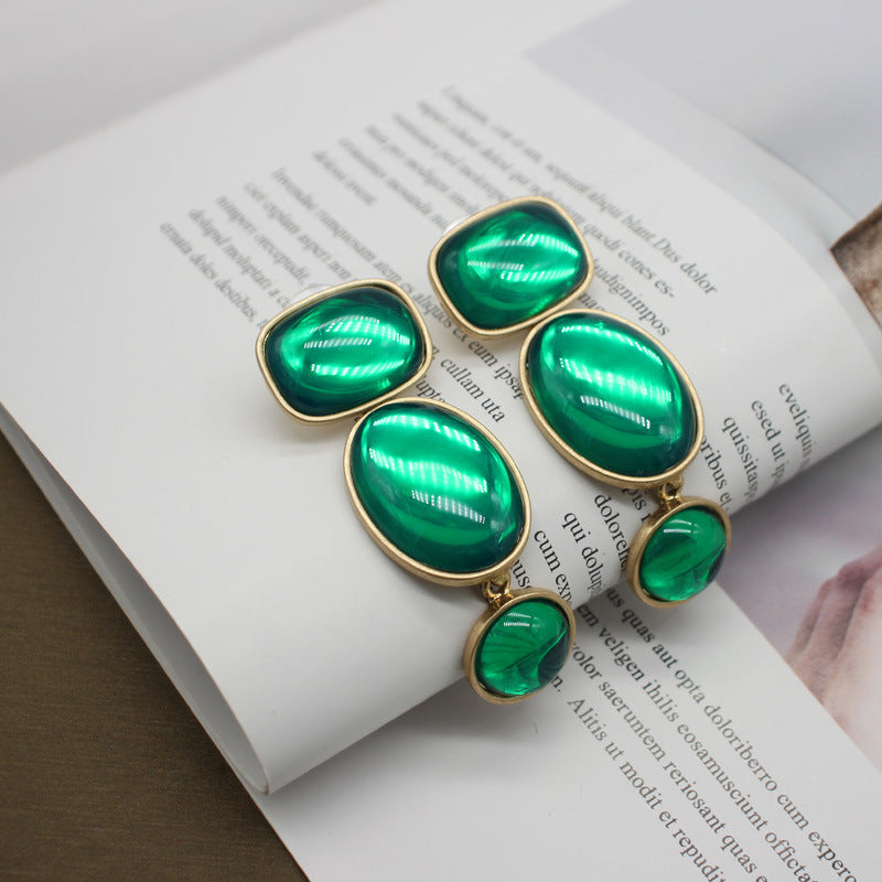 Baroque-Inspired Geometric Oval Earrings - Green & Amber Stone Accents, Fashion-Forward Metallic Design, Perfect for Trendy Outfits & Stylish Events, Must-Have Accessory
