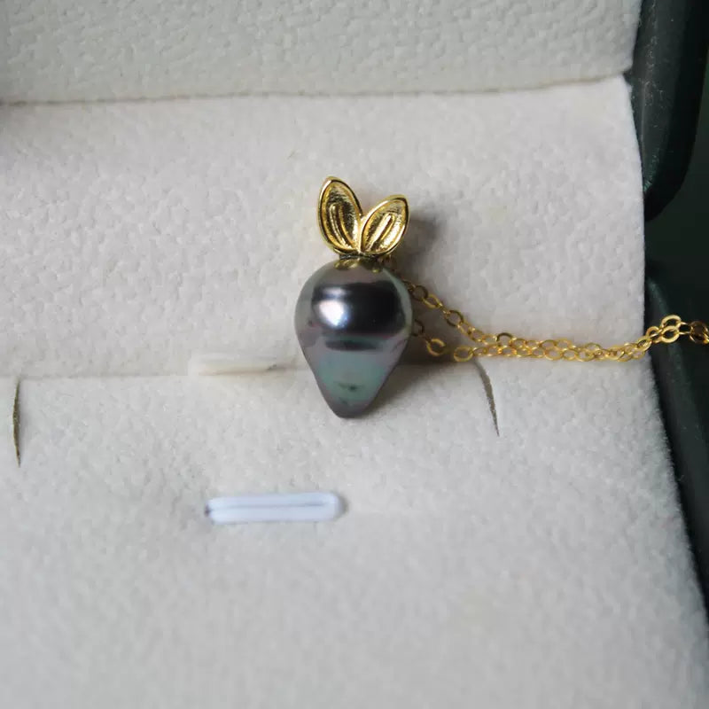 Natural Tahitian Baroque Pearl Radish Pendant Necklace with 14K Gold Plated Adjustable Chain