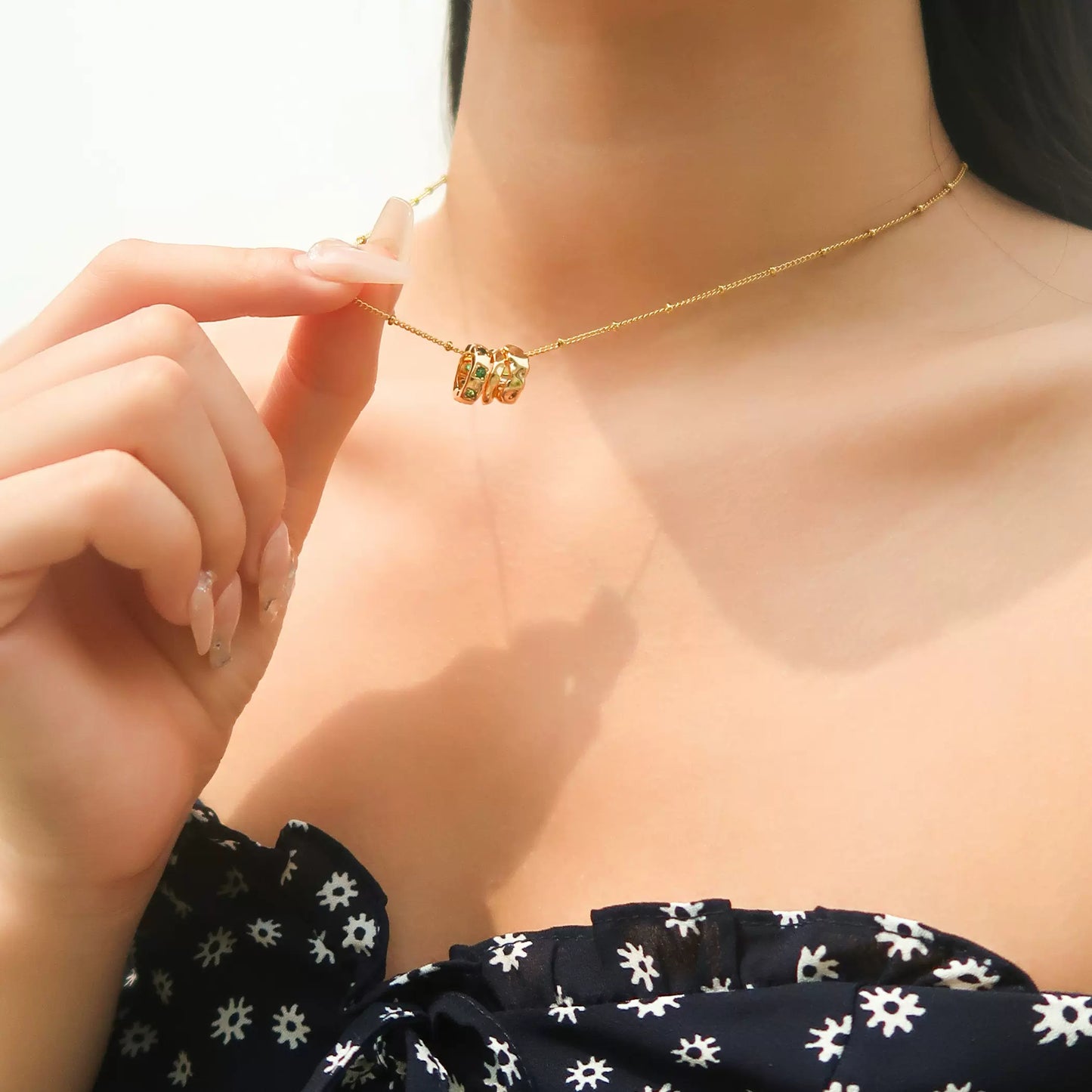 Detachable with Triple-Ring Pendant Gold Necklace with Plated , Vintage Emerald Diamond Chain, Collarbone