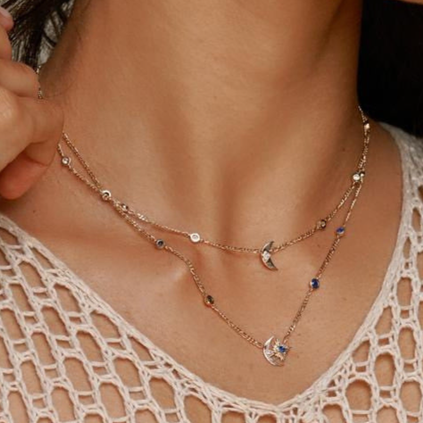 Retro Star Moon Blue Sapphire Starburst Necklace, Copper Plated with Real Gold, Sweater chain