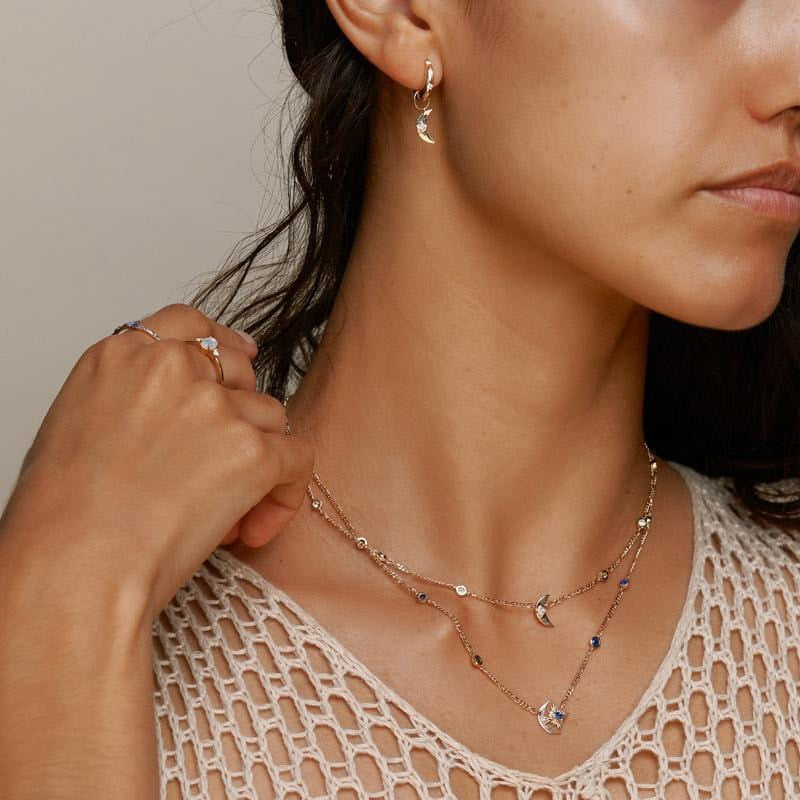 Retro Star Moon Blue Sapphire Starburst Necklace, Copper Plated with Real Gold, Sweater chain