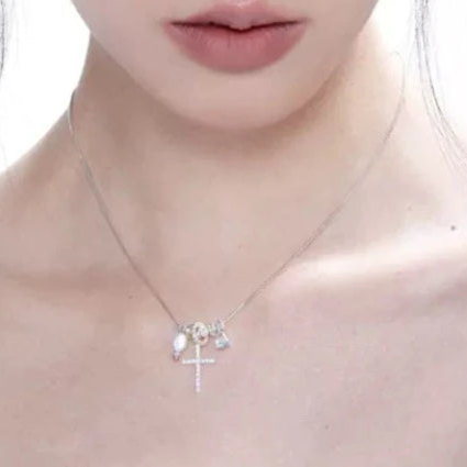 Crafted Sterling Silver Necklace with Natural Baroque Pearl, Blue Crystals Zircon Cross Necklace, and Crushed Silver Collarbone Chain