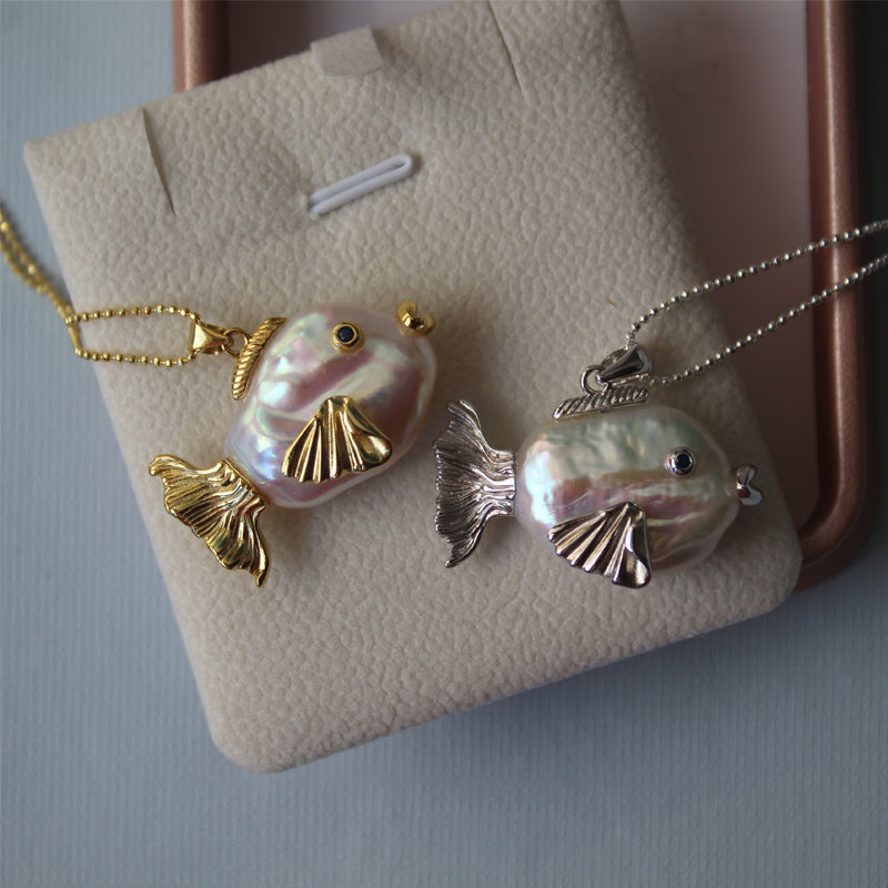 Natural Baroque Pearl Whale Pendant Necklace with Small Fish in S925 Sterling Silver, Irregular Pearl Chain