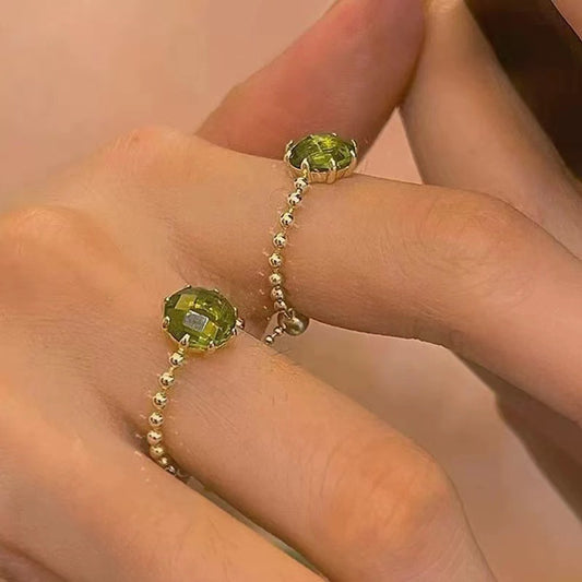 Chic Green Crystal Pull Chain Ring, Elegant Adjustable Index Finger Accessory