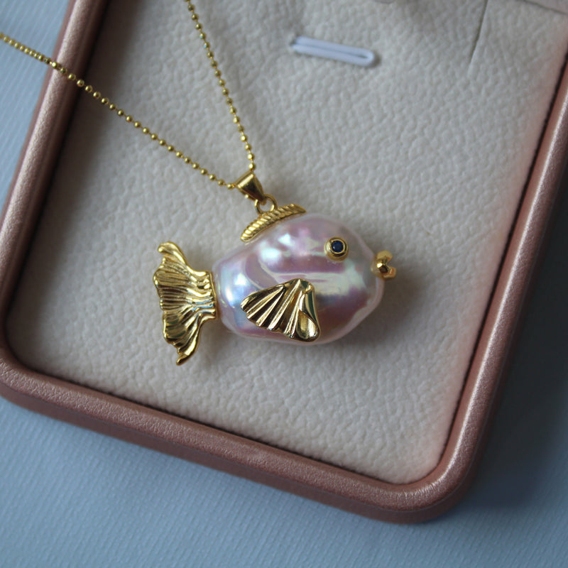 Natural Baroque Pearl Whale Pendant Necklace with Small Fish in S925 Sterling Silver, Irregular Pearl Chain