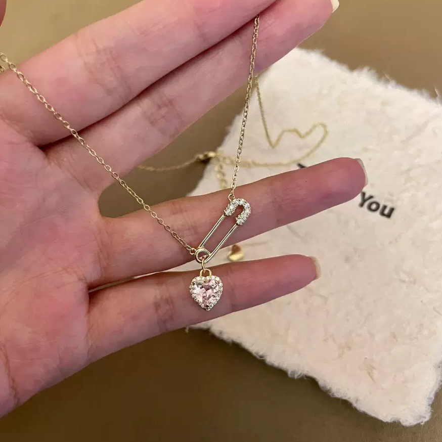 Delicate Luxury Clavicle Chain, Sparkling Rhinestone Heart Paperclip Necklace, Heart Necklace