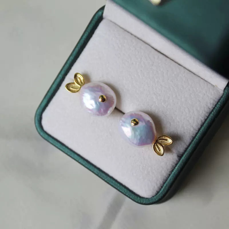 Baroque Pearl Small Fish Stud Earrings with Aurora Borealis Button Whale in S925 Sterling Silver