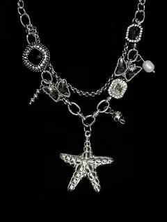 Starfish-Shaped, Stylish Double Layer Necklace with Butterfly and Gemstone Accents,metallic Y2K necklace