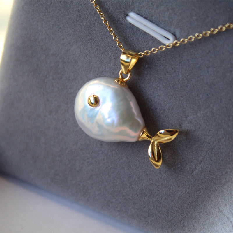 Natural Baroque Pearl with Aurora Borealis Button and Small Fish Pendant in S925 Sterling Silver Necklace