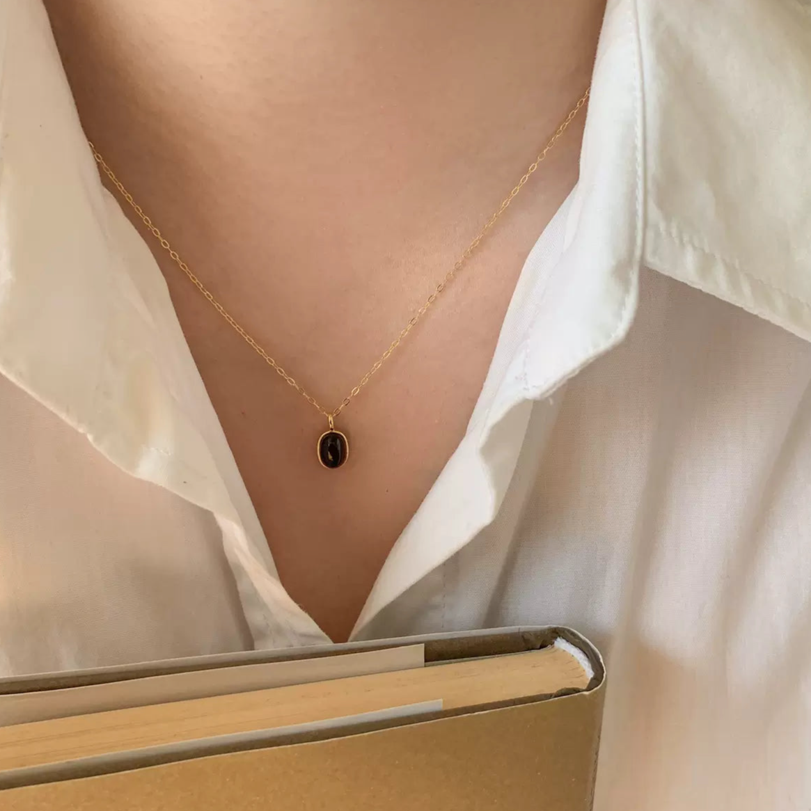 Petite Black Onyx Pendant Necklace, S925 Sterling Silver Necklace