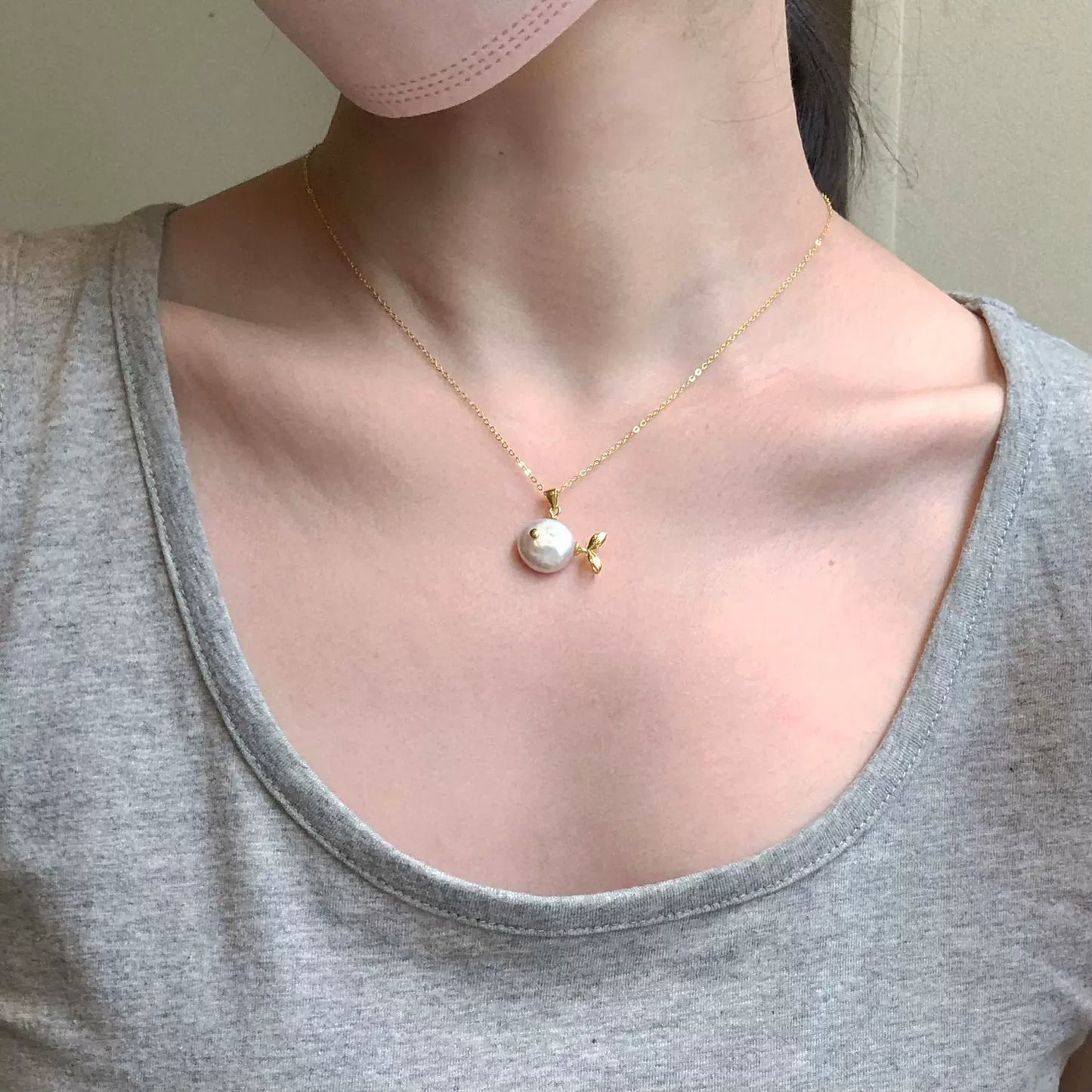 Natural Baroque Pearl with Aurora Borealis Button and Small Fish Pendant in S925 Sterling Silver Necklace