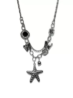 Starfish-Shaped, Stylish Double Layer Necklace with Butterfly and Gemstone Accents,metallic Y2K necklace