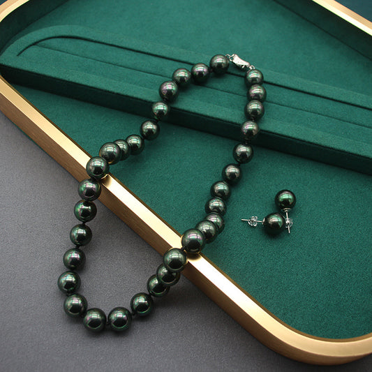Classic Green 10MM Pearl Necklace and Earrings Set - Timeless Elegance for Special Occasions, Sophisticated Jewelry Gift for Her, Perfect for Evening Galas & Celebrations