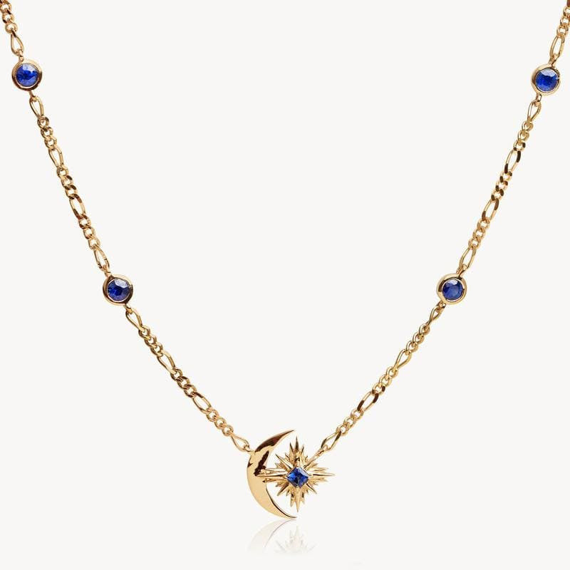 Retro Star Moon Blue Sapphire Starburst Necklace, Copper Plated with Real Gold, Sweater chain
