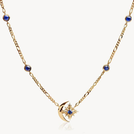 Retro Star Moon Blue Sapphire Starburst Necklace, Copper Plated with Real Gold, Sweater chain