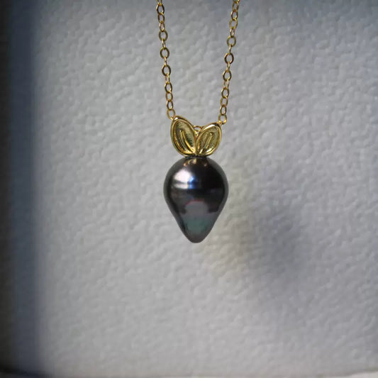 Natural Tahitian Baroque Pearl Radish Pendant Necklace with 14K Gold Plated Adjustable Chain