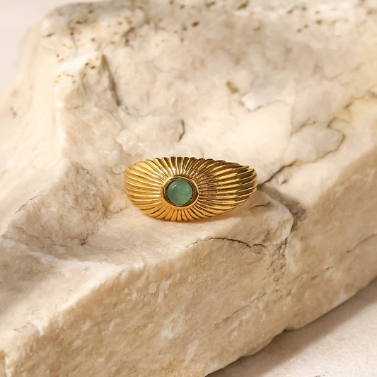 MoJone French Chic 18K Gold-plated Natural Green Stone Sun-shaped Ring for Female