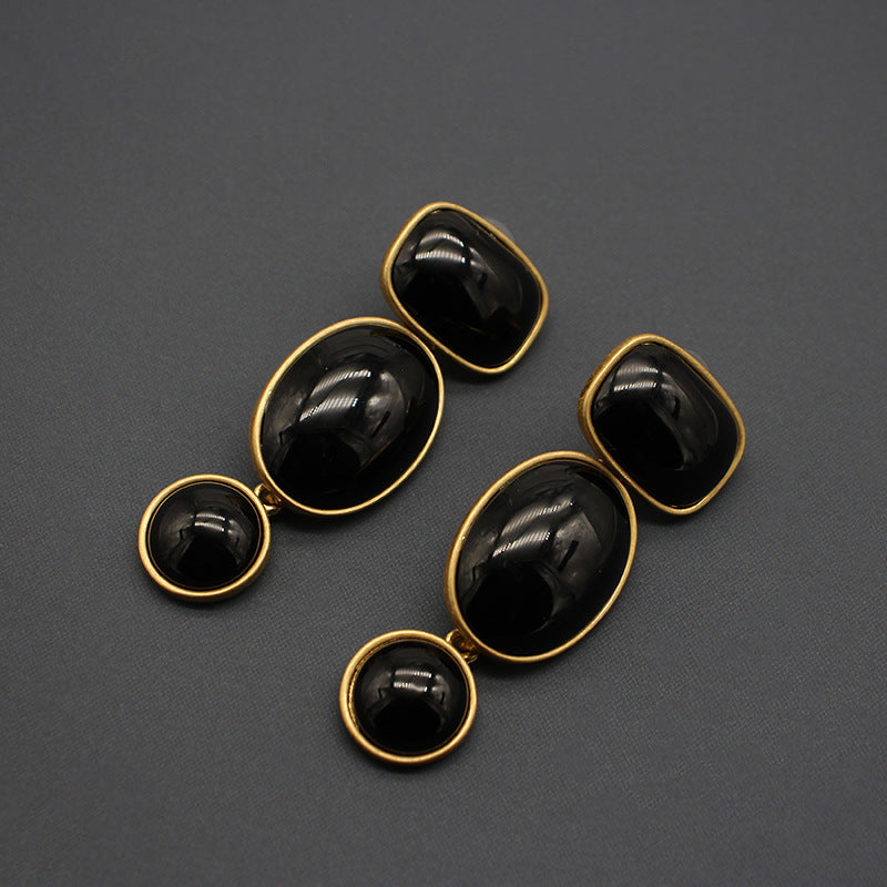 Baroque-Inspired Geometric Oval Earrings - Green & Amber Stone Accents, Fashion-Forward Metallic Design, Perfect for Trendy Outfits & Stylish Events, Must-Have Accessory