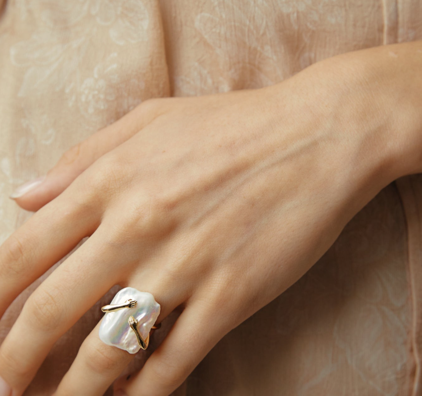 Natural Square Pearl Embrace Ring in S925 Sterling Silver, Adjustable Open Ring