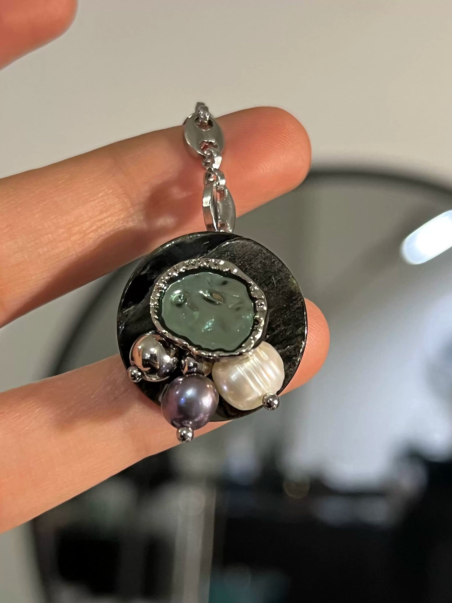 Handmade Vintage Ring Freshwater Nacre Button Chain Ring, Fashion Jewelry