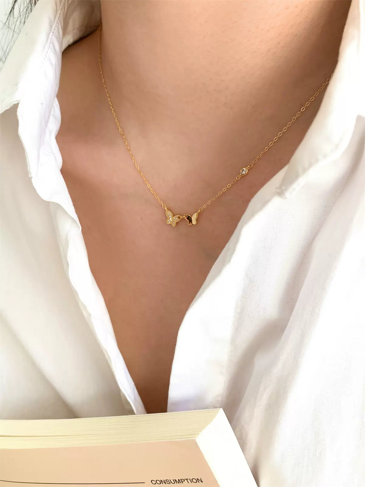 S925 Sterling Silver Necklace with Petite Butterfly, Collarbone Necklace, Sweater chain