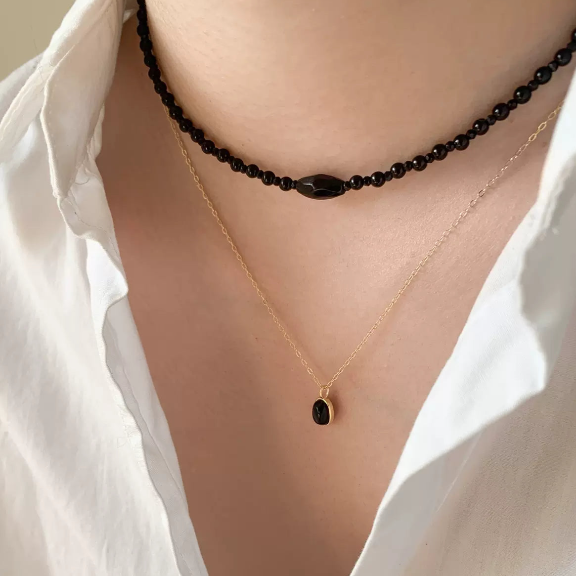 Petite Black Onyx Pendant Necklace, S925 Sterling Silver Necklace