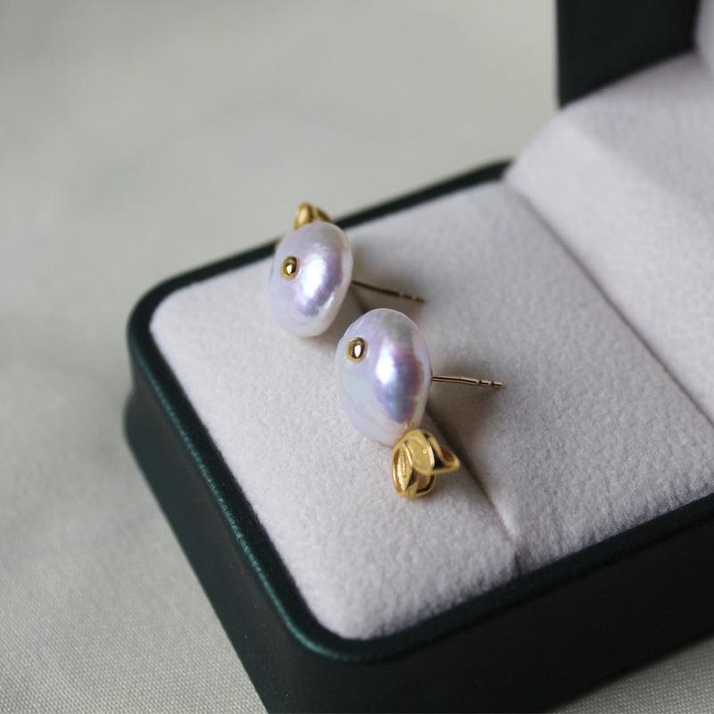 Baroque Pearl Small Fish Stud Earrings with Aurora Borealis Button Whale in S925 Sterling Silver